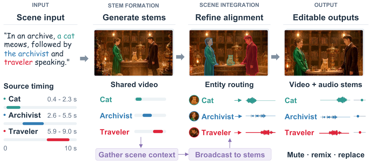 输入场景描述与各声源时间窗；Stem Formation 生成共享视频与各声源分轨，Scene Integration 先汇聚场景语境再广播回各分轨，并按实体掩码路由；输出视频加可静音、重混、替换的独立音轨。