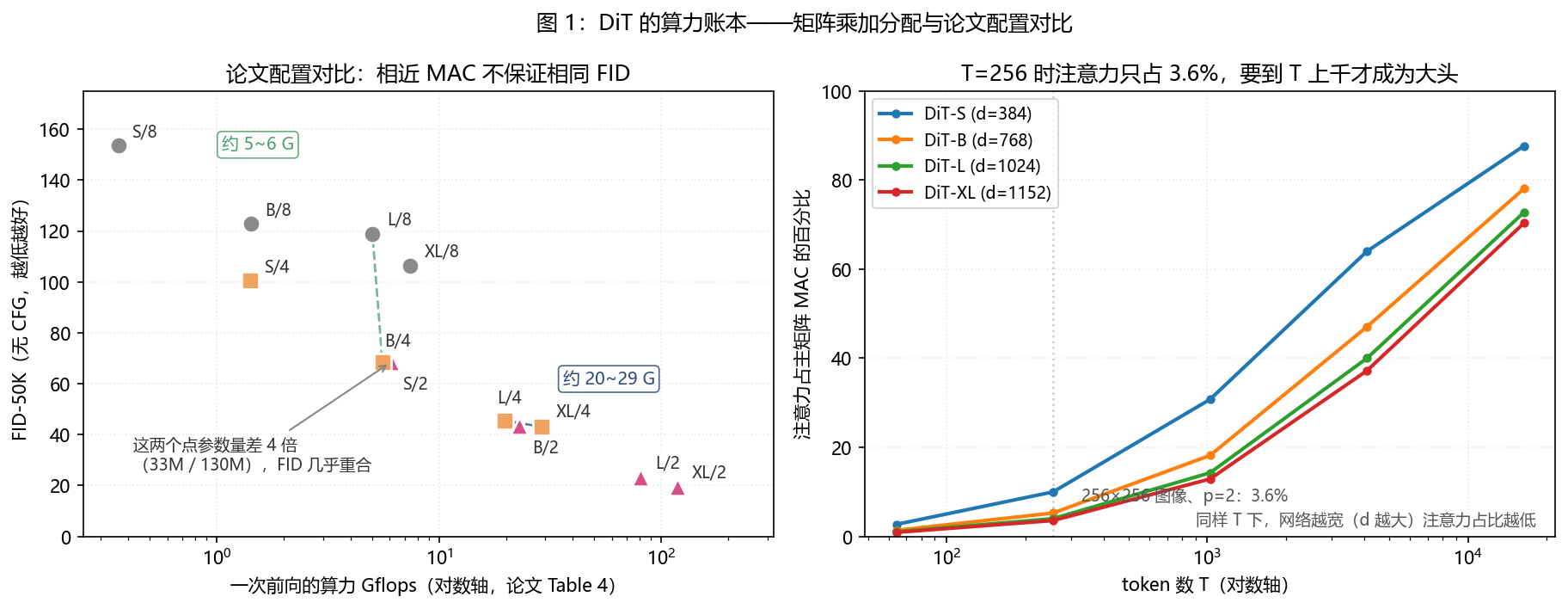 图 1:DiT 的算力账本——钱花在哪,以及该多买 token 还是多买宽度